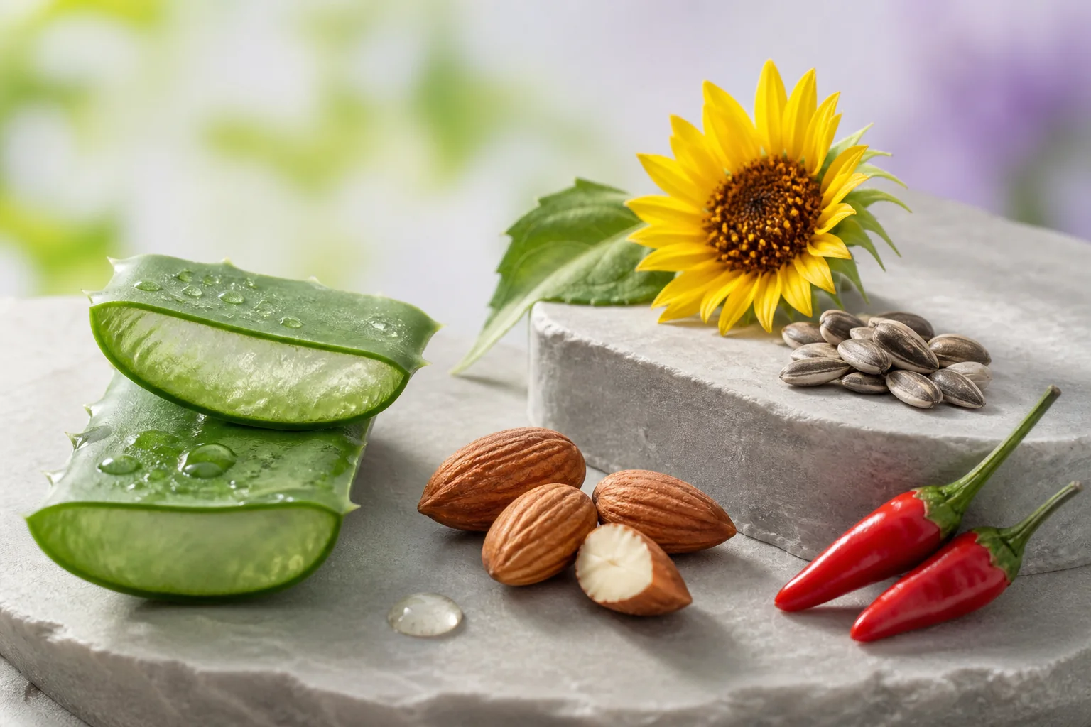 Aloe, almendras, girasol y chile: referencias botánicas de ingredientes de Sinoflex Crema